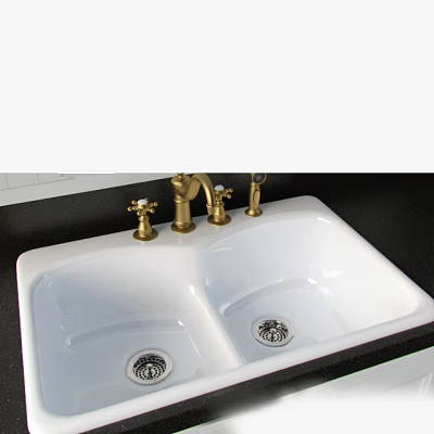 Double Bowl White Sink with Gold Faucet and Black Countertop 3d model