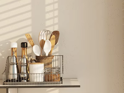 Sunlit Kitchen Counter With Metal Rack Holding Wooden Spoons Whisk And Metal Utensils 3d model