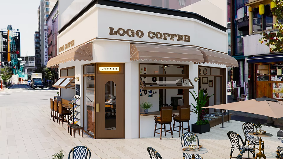 Modern Logo Coffee Shop Exterior With Brown Awning Outdoor Seating And Plants 3d model 