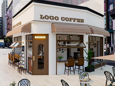 Modern Logo Coffee Shop Exterior With Brown Awning Outdoor Seating And Plants 3d model