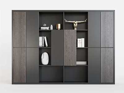 Modern Dark Grey Wood Tone Bookcase With Multi Compartment Open Shelves And Decorative Sculpture 3d model