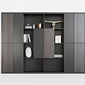 Modern Dark Grey Wood Tone Bookcase With Multi Compartment Open Shelves And Decorative Sculpture