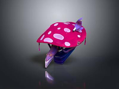 Purple Butterfly Perched on Pink Mushroom with White Spots and Purple Base 3d model
