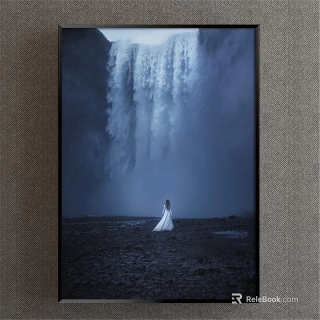 Majestic Waterfall Landscape With Woman In White Dress And Rocky Ground 3d model 