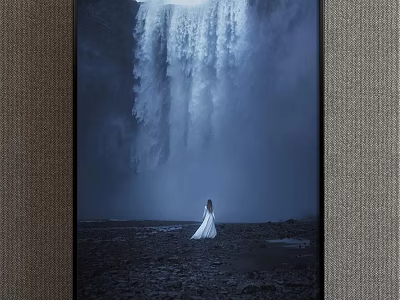 Majestic Waterfall Landscape With Woman In White Dress And Rocky Ground 3d model