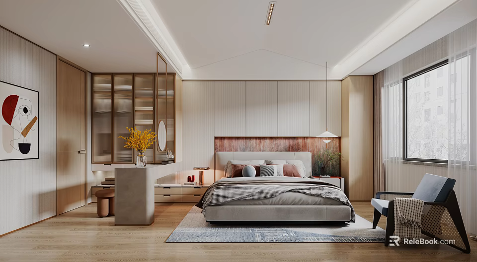 Warm Modern Bedroom Interior With Wooden Cabinets Soft Lighting And Cozy Rug 3d model 