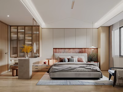 Warm Modern Bedroom Interior With Wooden Cabinets Soft Lighting And Cozy Rug 3d model