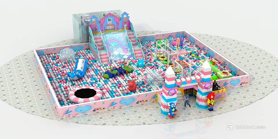 Kids Indoor Playground Featuring Colorful Ball Pit Rainbow Slide And Trampoline Area 3d model 