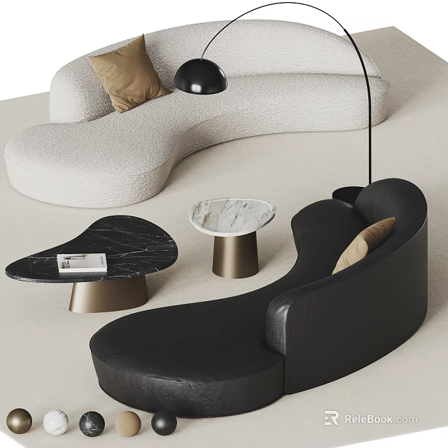 Modern Curved Sofa Coffee Table Combination With Leather Seats Marble Top And Metal Bases 3d model 