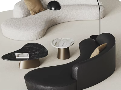 Modern Curved Sofa Coffee Table Combination With Leather Seats Marble Top And Metal Bases 3d model