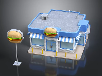 Burger Restaurant Building Featuring Blue Roof White Striped Awnings Outdoor Burger Sign And Yellow Bollards 3d model