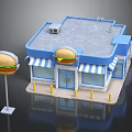 Burger Restaurant Building Featuring Blue Roof White Striped Awnings Outdoor Burger Sign And Yellow Bollards