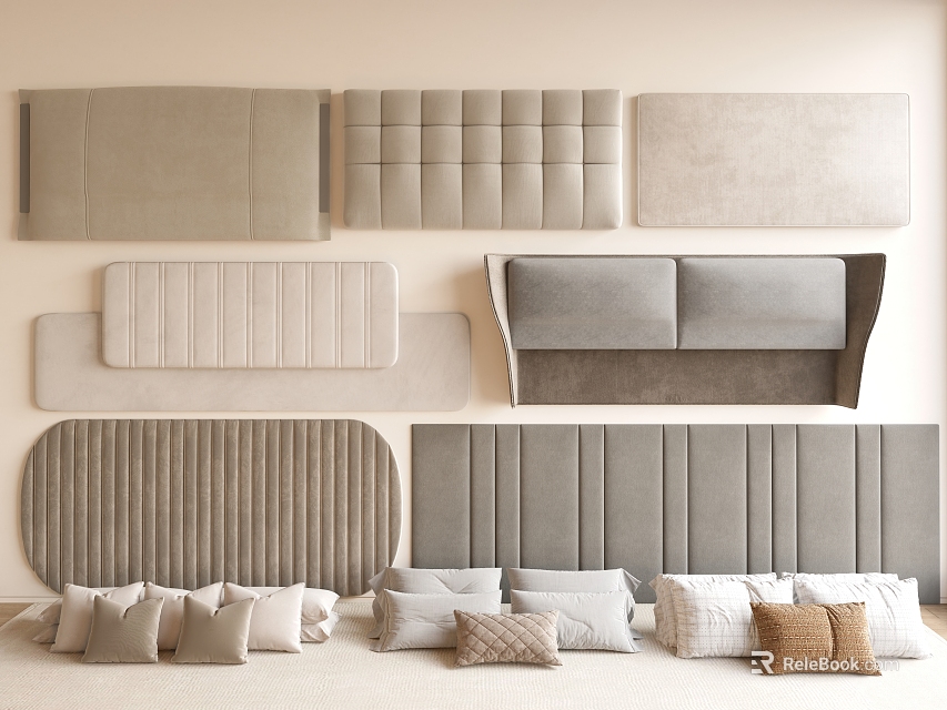 Upholstered Headboards In Various Styles With Throw Pillows For Bedroom 3d model 