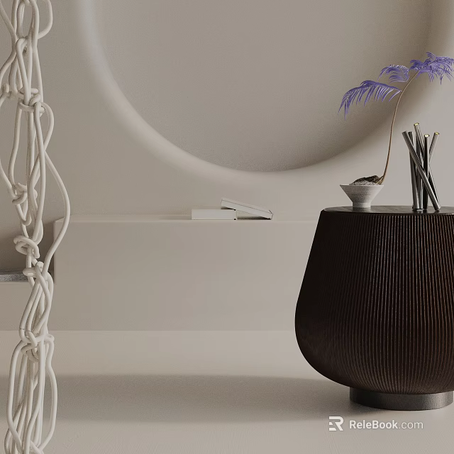 Stylish Dark Ribbed Side Table With Purple Plant And White Woven Decor 3d model 