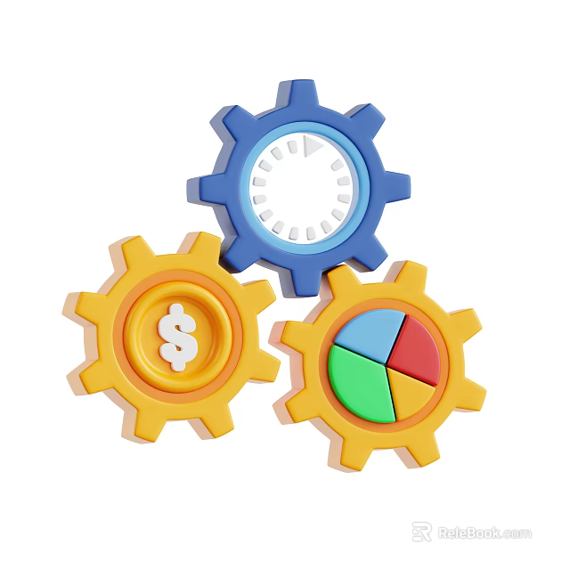 Business Equipment Featuring Gears With Dollar Signs And Pie Charts For Operations 3d model 
