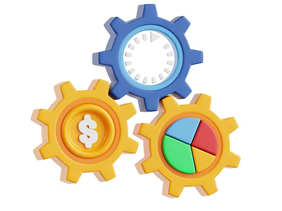 Business Equipment Featuring Gears With Dollar Signs And Pie Charts For Operations 3d model