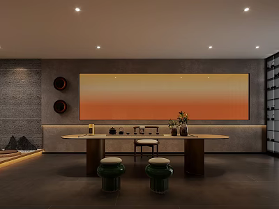 Modern Tea Room Interior With Long Table Green Stools And Orange Gradient Wall Art 3d model