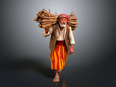 Man Carrying Firewood Bundle Wearing Traditional Headscarf And Striped Lungi Walking 3d model