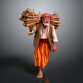 Man Carrying Firewood Bundle Wearing Traditional Headscarf And Striped Lungi Walking