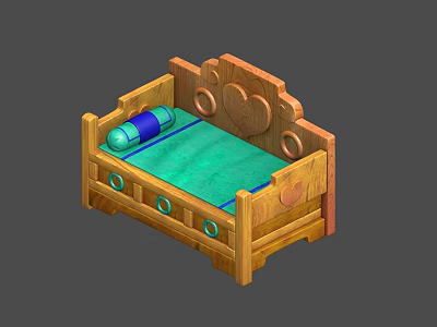 Wooden Luohan Bed With Carved Headboard Green Mattress And Blue Pillow 3d model