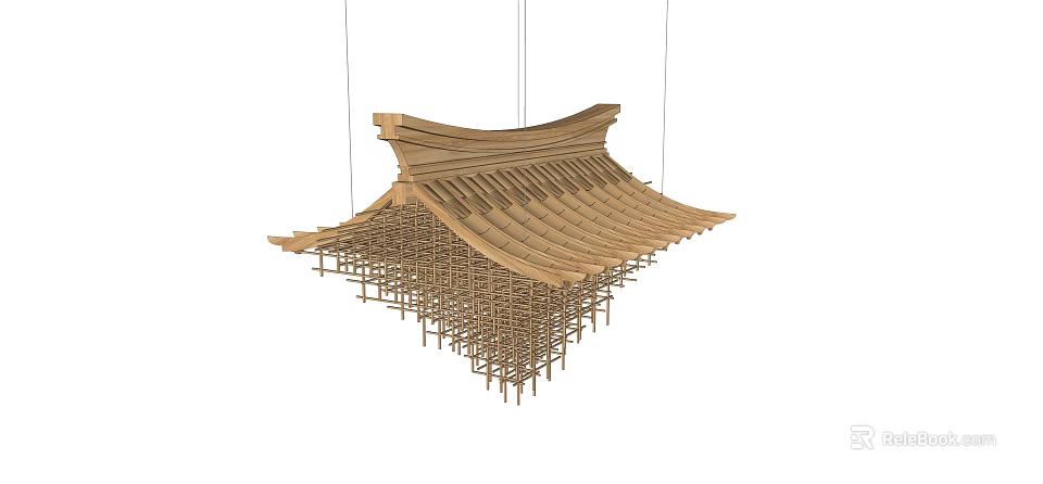 Traditional Wooden Chandelier With Roof Inspired Design And Tile Like Structure 3d model 