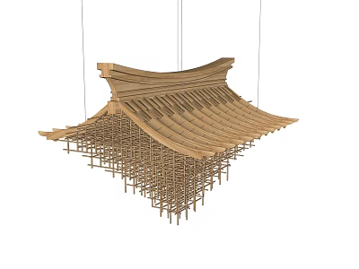 Traditional Wooden Chandelier With Roof Inspired Design And Tile Like Structure 3d model