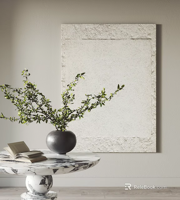 Styled Interior With Marble Table Vase Plant And Artwork 3d model