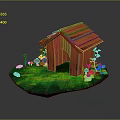 Wooden Dog House with Red Roof Green Grass Red Mushrooms and White Stones