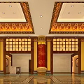 Religious Faith Inspired Temple Interior With Buddha Statues Red Columns And Golden Ceiling Decorations