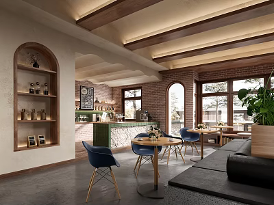 Cozy Cafe Interior With Arched Shelves Brick Walls Wooden Ceiling And Green Plants 3d model