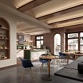 Cozy Cafe Interior With Arched Shelves Brick Walls Wooden Ceiling And Green Plants