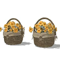 Two Woven Wicker Baskets With Yellow Flowers And Linen Lining Handles