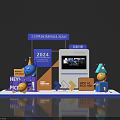 Vibrant 2024 Photo Check-in Spot with HEY PICK Cartoon Characters Geometric Decorations Screen and Signage