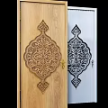 Elegant Wooden And White Hinged Doors With Intricate Carved Patterns And Handles