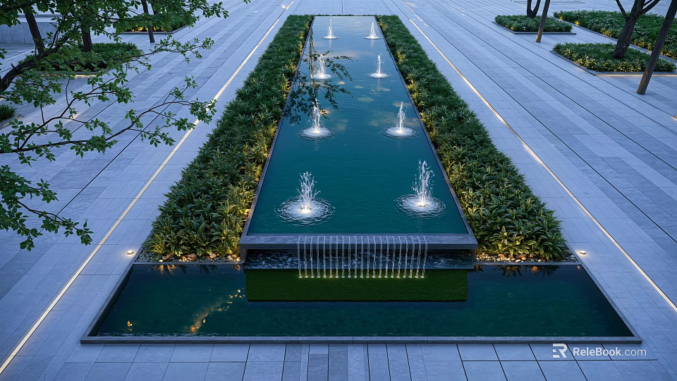 Outdoor Modern Water Fountain With Long Rectangular Pool Multiple Fountains And Greenery 3d model 