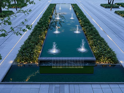Outdoor Modern Water Fountain With Long Rectangular Pool Multiple Fountains And Greenery 3d model