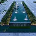 Outdoor Modern Water Fountain With Long Rectangular Pool Multiple Fountains And Greenery
