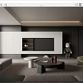 Modern Living Room Interior With Gray Sofa White TV Cabinet And Black Coffee Table