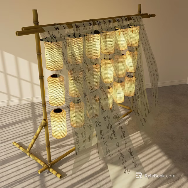 Traditional Paper Lanterns Hanging On Bamboo Frame With Calligraphy Scrolls And Sunlight Shadows 3d model 
