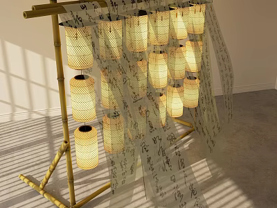 Traditional Paper Lanterns Hanging On Bamboo Frame With Calligraphy Scrolls And Sunlight Shadows 3d model