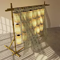 Traditional Paper Lanterns Hanging On Bamboo Frame With Calligraphy Scrolls And Sunlight Shadows