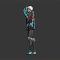 Futuristic Game Movie Character With Silver White Hair And Blue Red Gray Mechanical Outfit