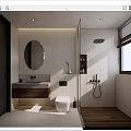 Modern Bathroom Interior With White Walls Oval Mirror Wooden Vanity Glass Shower And Natural Light