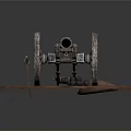 Ancient Cannon Model With Wooden Wheels Iron Barrel And Cannonballs On Brown Base