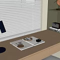 Modern Wooden Desk With Blue Lamp Tray Items Window Blinds And Bookshelf