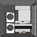Modern Bathroom With Stacked Washing Machine Dryer Gray Cabinets And Marble Countertop Sink Mirror Storage