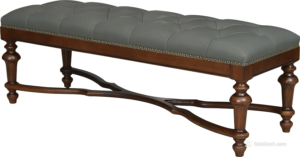 Tufted Gray Padded Bed Bench With Wooden Legs And Nailhead Trim 3d model 