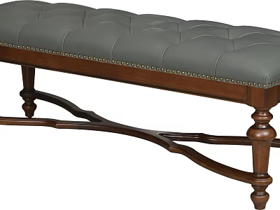 Tufted Gray Padded Bed Bench With Wooden Legs And Nailhead Trim 3d model