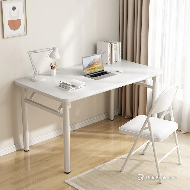 White Desk with Laptop Desk Lamp Books and White Chair near Curtains on Wooden Floor 3d model 