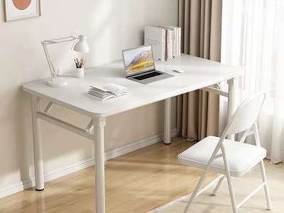 White Desk with Laptop Desk Lamp Books and White Chair near Curtains on Wooden Floor 3d model